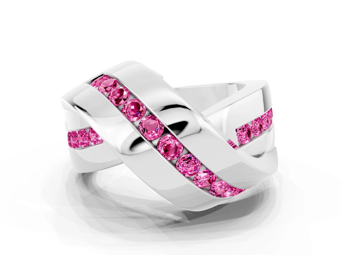 White gold Pavé Round Pink Sapphire Crossover Band with Channel Setting_18