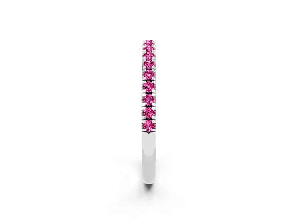 Platinum Round Lab-Grown Pink Sapphire Slim Pave Half Eternity Band with Shared Prongs