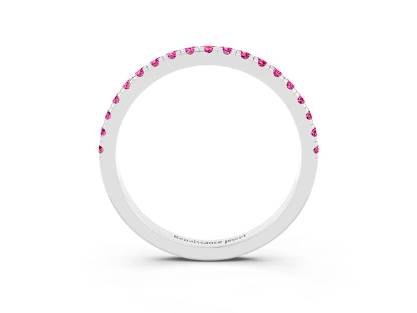 Platinum Round Lab-Grown Pink Sapphire Slim Pave Half Eternity Band with Shared Prongs