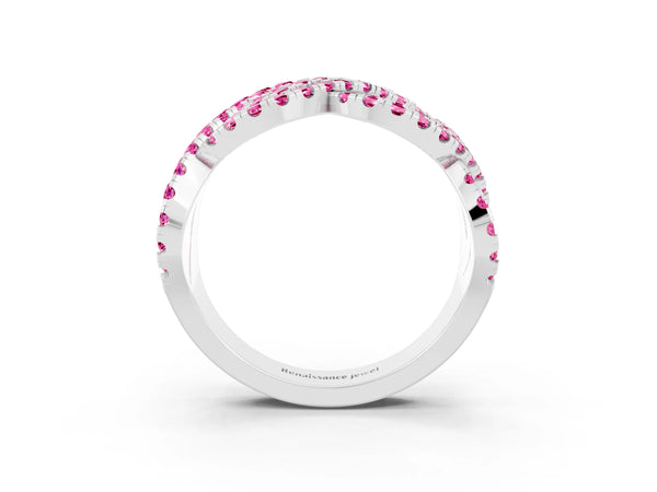 White Gold Round Lab-Grown Pink Sapphire Pave Infinity Twist Wedding Band with Shared Prongs