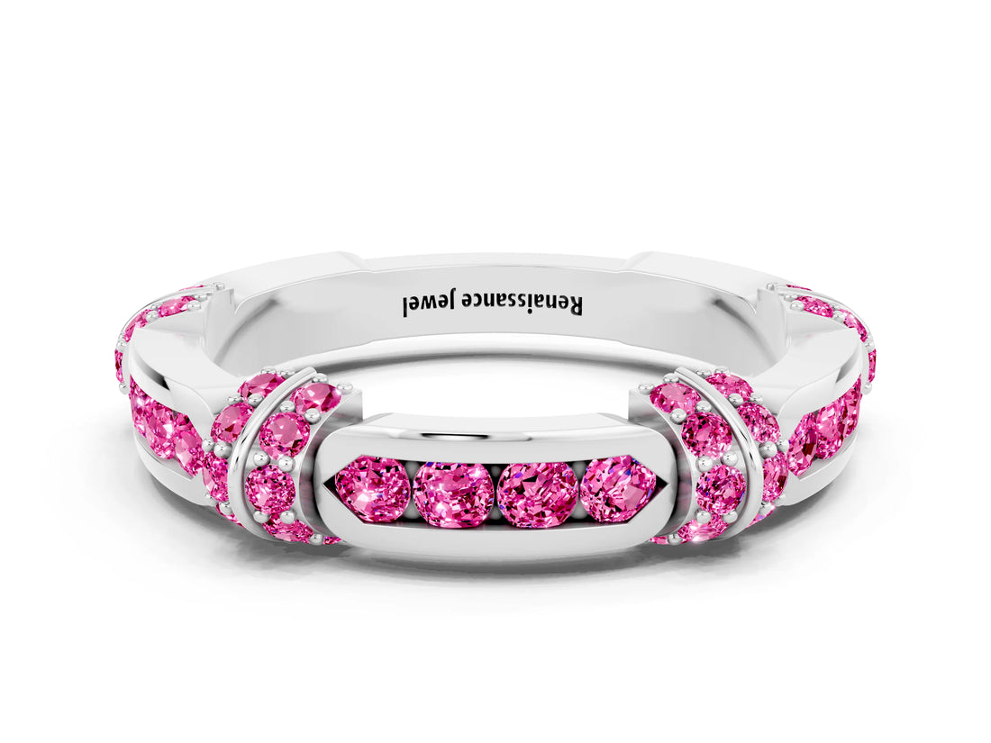 White gold Pavé Round Pink Sapphire Link Band with Bezel Setting_18