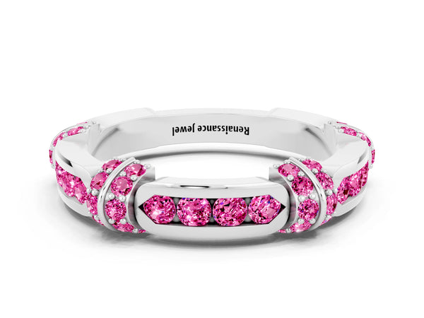 White Gold Lab-Grown Pink Sapphire Pave Link Wedding Band with Channel Set Top Panel