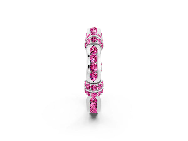 White Gold Lab-Grown Pink Sapphire Pave Link Wedding Band with Channel Set Top Panel