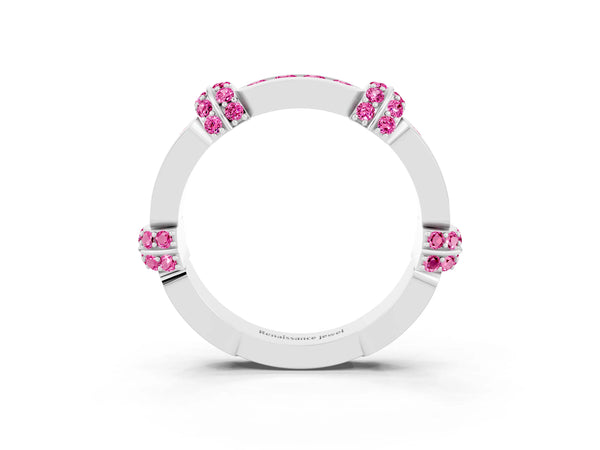 White Gold Lab-Grown Pink Sapphire Pave Link Wedding Band with Channel Set Top Panel