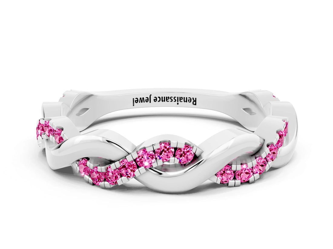 White gold Pavé Round Pink Sapphire Twist Eternity Band with Shared Prong Setting_50