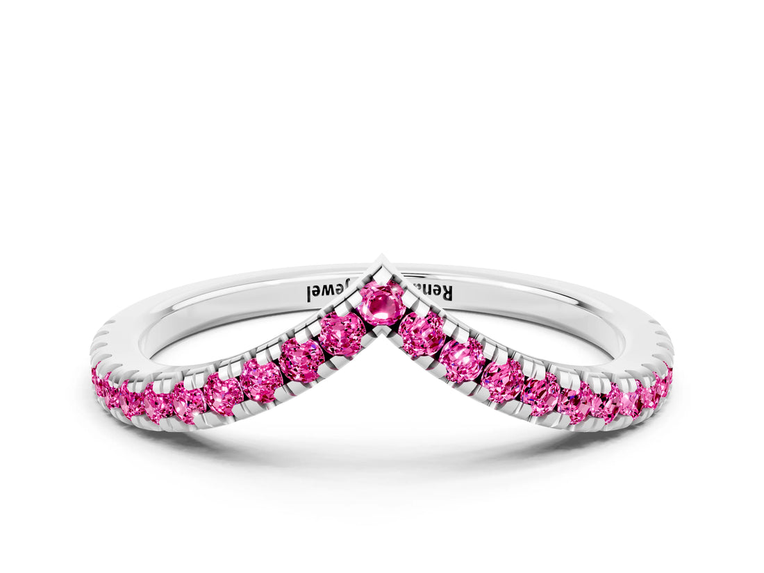 White gold Pavé Round Pink Sapphire V-Shaped Chevron Band with Shared Prong Setting_18