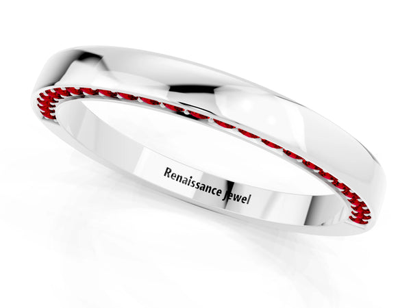 Platinum Round Lab-Grown Ruby Side Pave Half Eternity Band with Plain Top