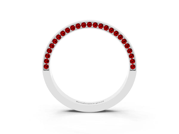 Platinum Round Lab-Grown Ruby Side Pave Half Eternity Band with Plain Top