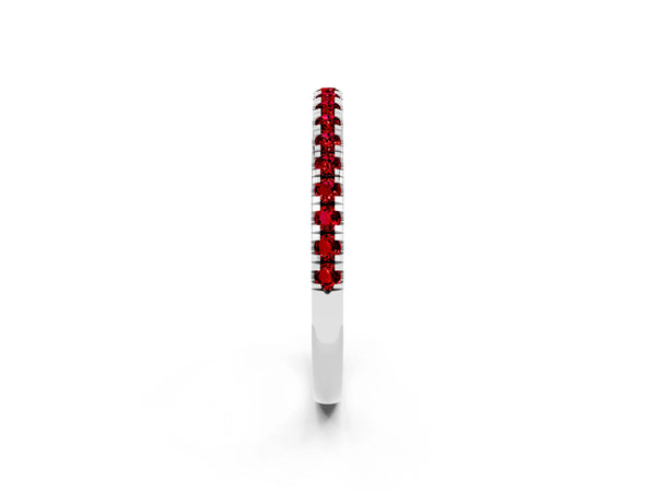 Platinum Round Lab-Grown Ruby Slim Pave Half Eternity Band with Shared Prongs