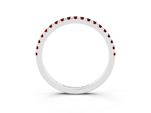 Platinum Round Lab-Grown Ruby Slim Pave Half Eternity Band with Shared Prongs