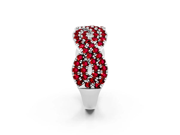 White Gold Round Lab-Grown Ruby Pave Infinity Twist Wedding Band with Shared Prongs