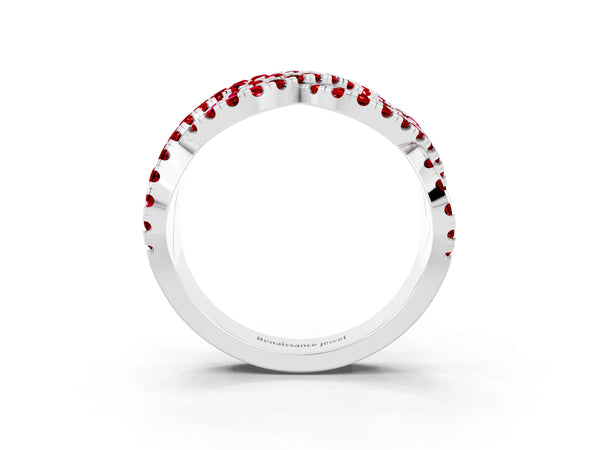 White Gold Round Lab-Grown Ruby Pave Infinity Twist Wedding Band with Shared Prongs