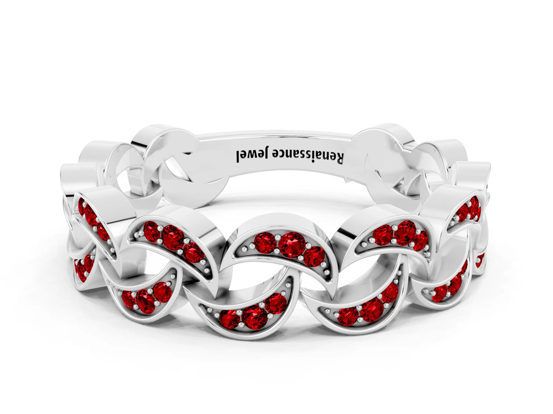 White gold Pavé Round Ruby Interlocking Eternity Band with Bezel Prong Setting_6