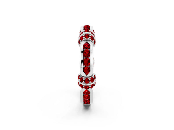 White Gold Lab-Grown Ruby Pave Link Wedding Band with Channel Set Top Panel