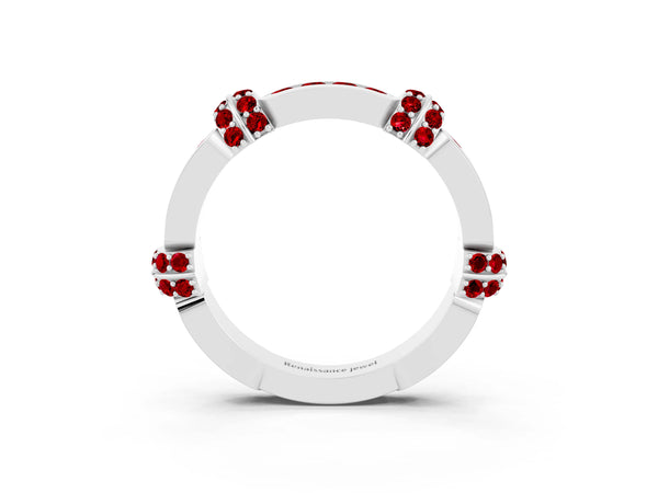 White Gold Lab-Grown Ruby Pave Link Wedding Band with Channel Set Top Panel