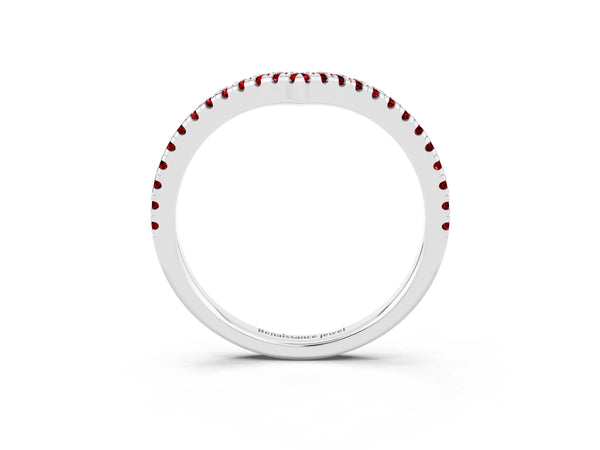 White Gold Round Lab-Grown Ruby V Chevron Pave Wedding Band with Shared Prongs