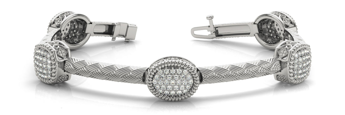 White gold Pavé Round Stone Braided Band Bezel Prong Bracelet
