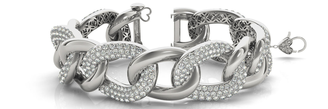 White gold Pavé Round Stone Chain Link Bracelet with Heart Clasp