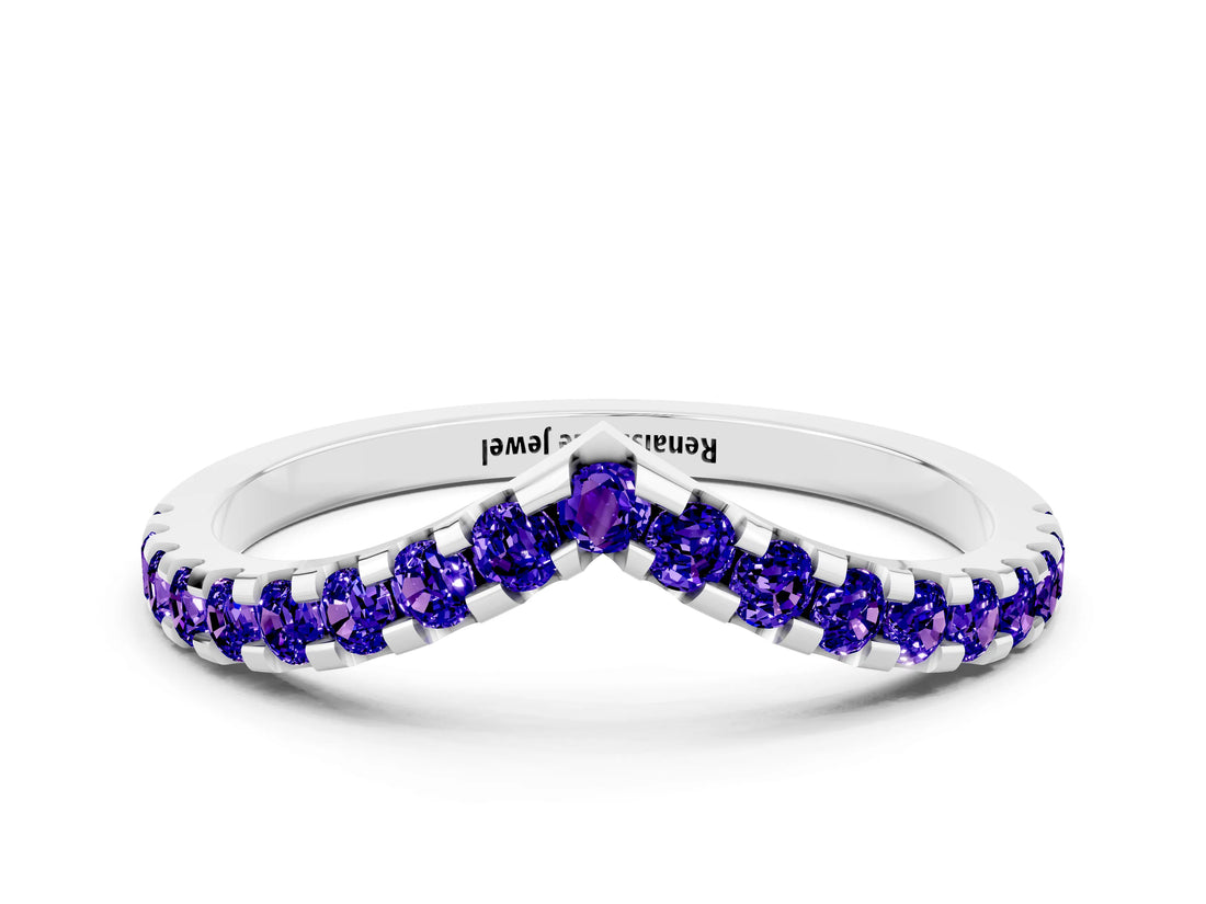 White gold Pavé Round Tanzanite Chevron Band with Shared Prong Setting_6