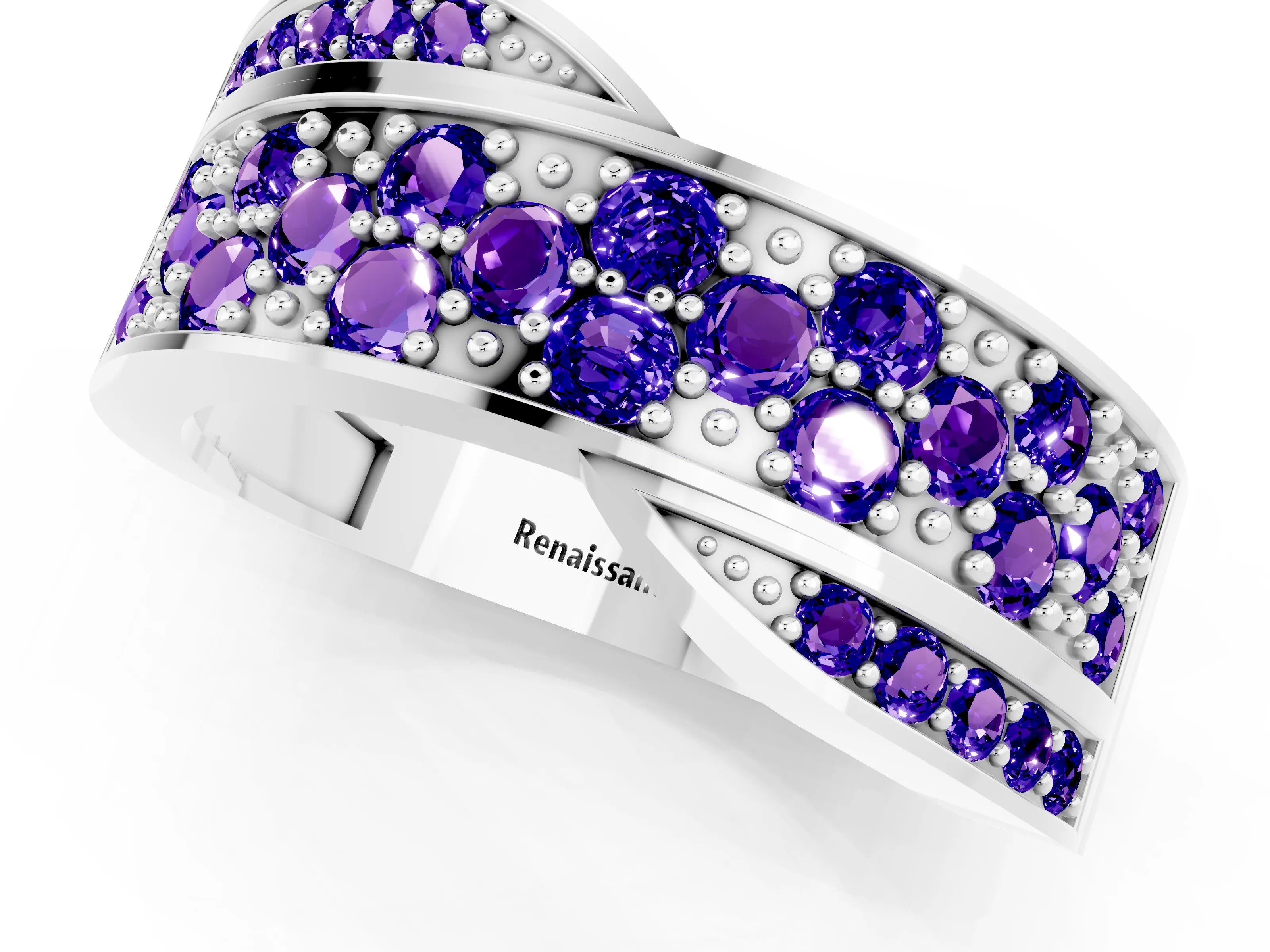 White gold Pavé Round Tanzanite Crossover Band with Bead Prong Setting_7