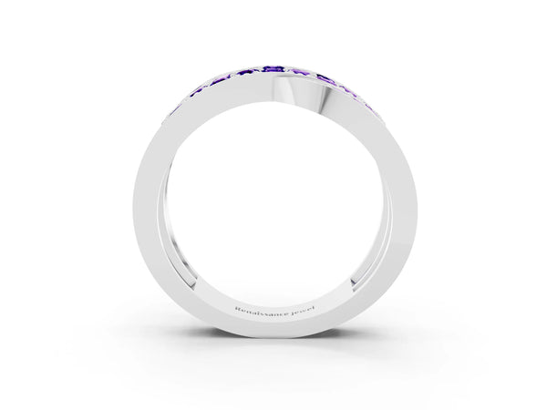 White gold Pavé Round Tanzanite Crossover Band with Bead Prong Setting
