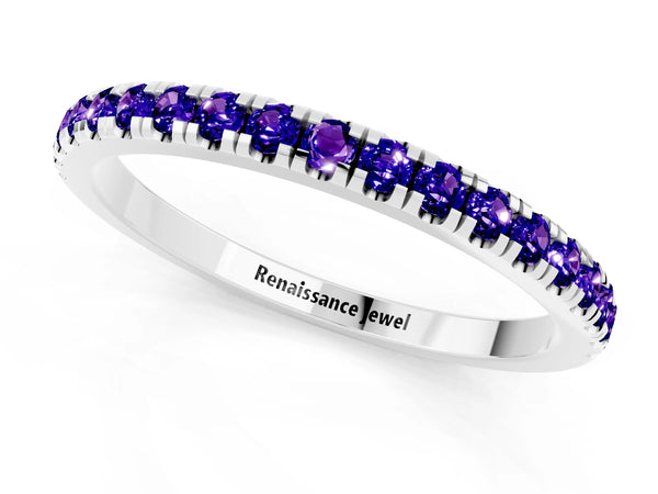 Platinum Round Tanzanite Slim Pave Half Eternity Band with Shared Prongs