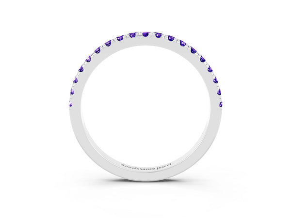Platinum Round Tanzanite Slim Pave Half Eternity Band with Shared Prongs