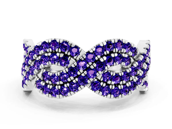 White Gold Round Tanzanite Pave Infinity Twist Wedding Band with Shared Prongs