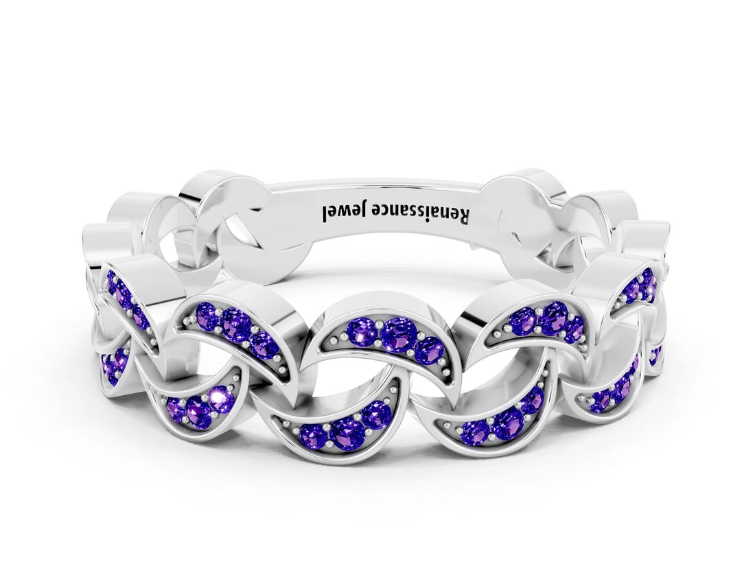 White gold Pavé Round Tanzanite Interlocking Eternity Band with Bezel Prong Setting_6