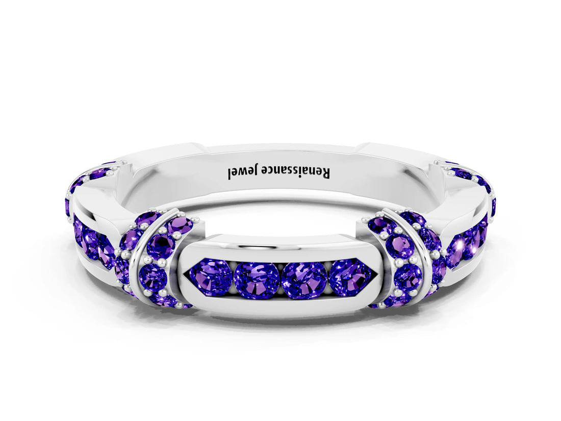 White gold Pavé Round Tanzanite Link Band with Bezel Setting_18