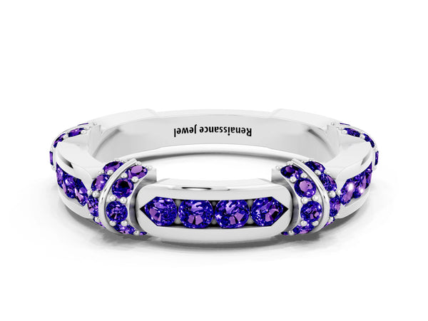 White Gold Tanzanite Pave Link Wedding Band with Channel Set Top Panel