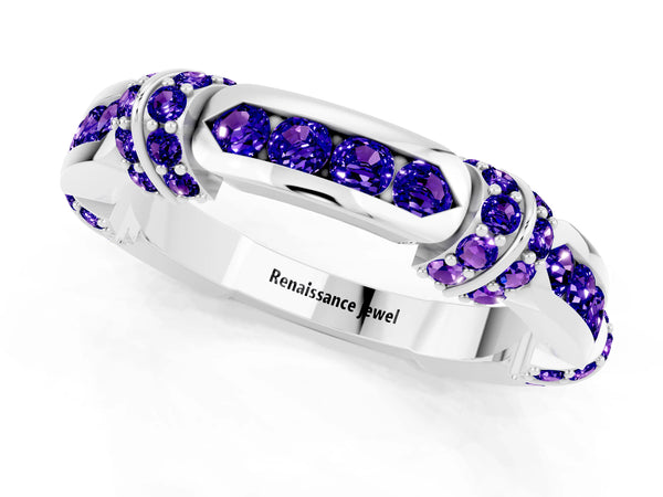 White Gold Tanzanite Pave Link Wedding Band with Channel Set Top Panel