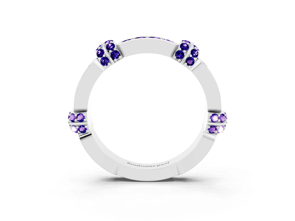 White Gold Tanzanite Pave Link Wedding Band with Channel Set Top Panel