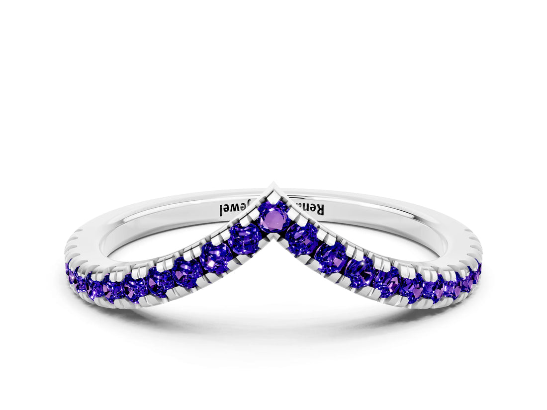 White gold Pavé Round Tanzanite V-Shaped Chevron Band with Shared Prong Setting_6