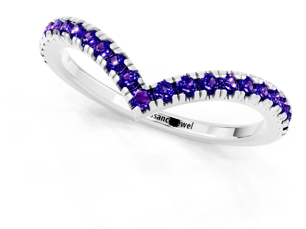 White Gold Round Tanzanite V Chevron Pave Wedding Band with Shared Prongs