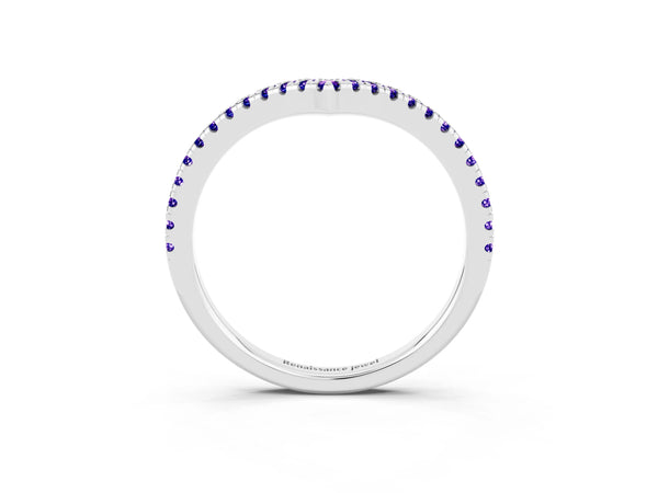White Gold Round Tanzanite V Chevron Pave Wedding Band with Shared Prongs