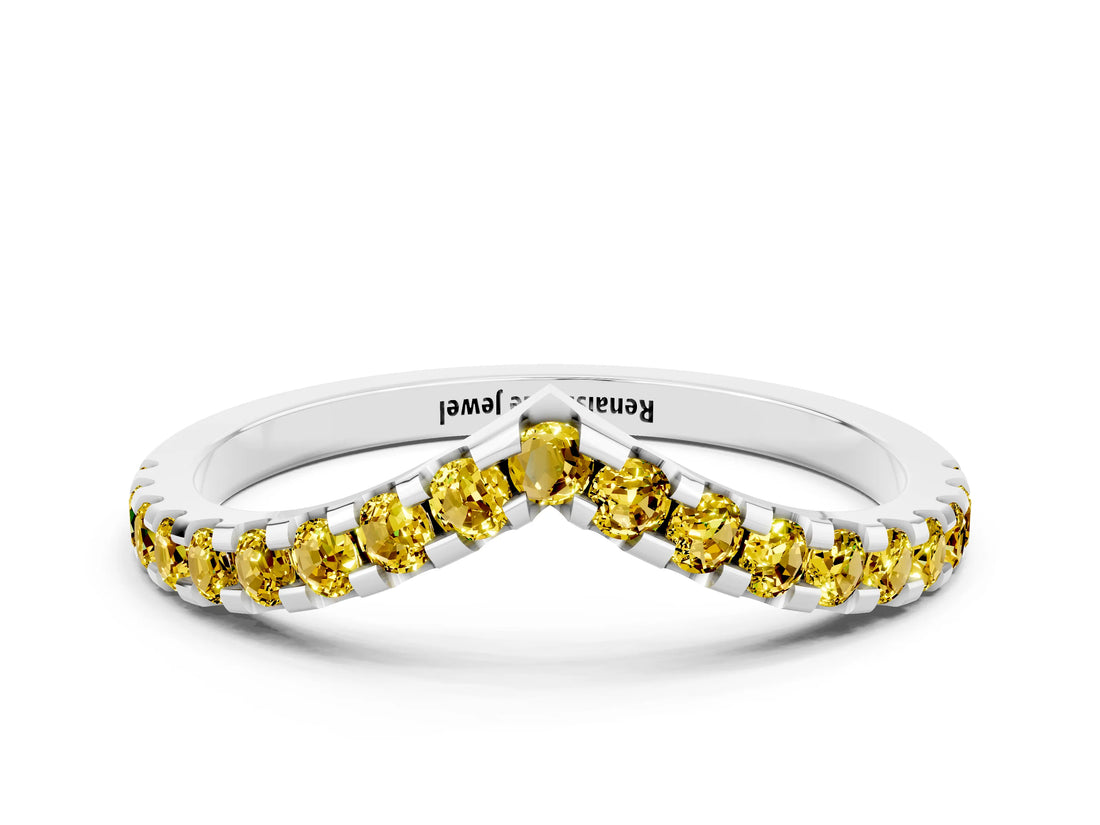 White gold Pavé Round Yellow Sapphire Chevron Band with Shared Prong Setting_18