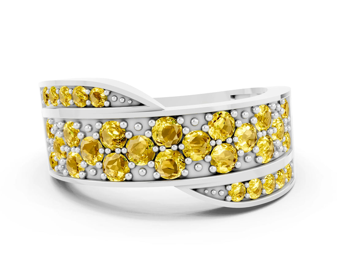 White gold Pavé Round Yellow Sapphire Crossover Band with Bead Prong Setting_6