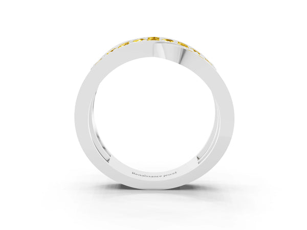 Silver Pavé Round Yellow Sapphire Crossover Band with Bead Prong Setting