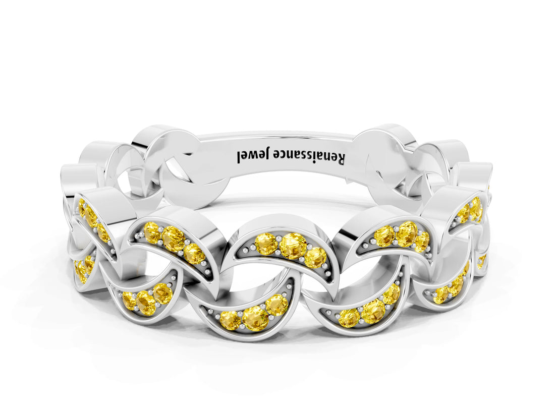 White gold Pavé Round Yellow Sapphire Interlocking Eternity Band with Bezel Prong Setting_6