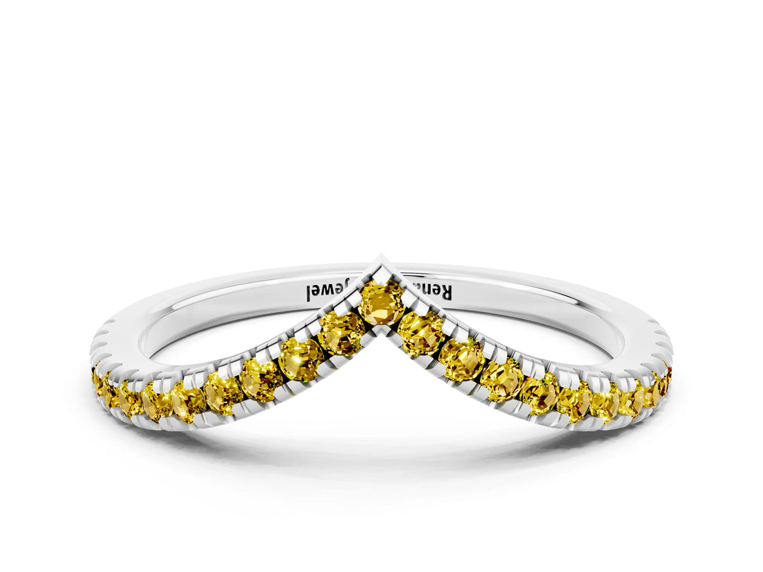 White gold Pavé Round Yellow Sapphire V-Shaped Chevron Band with Shared Prong Setting_24