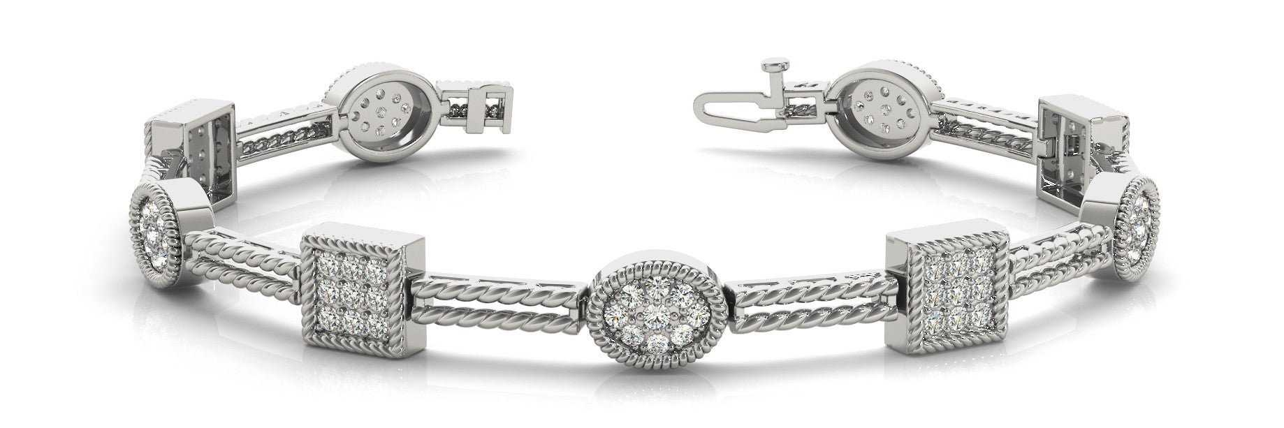 White gold Pavé Round and Square Diamond Rope Bracelet with Bezel Setting