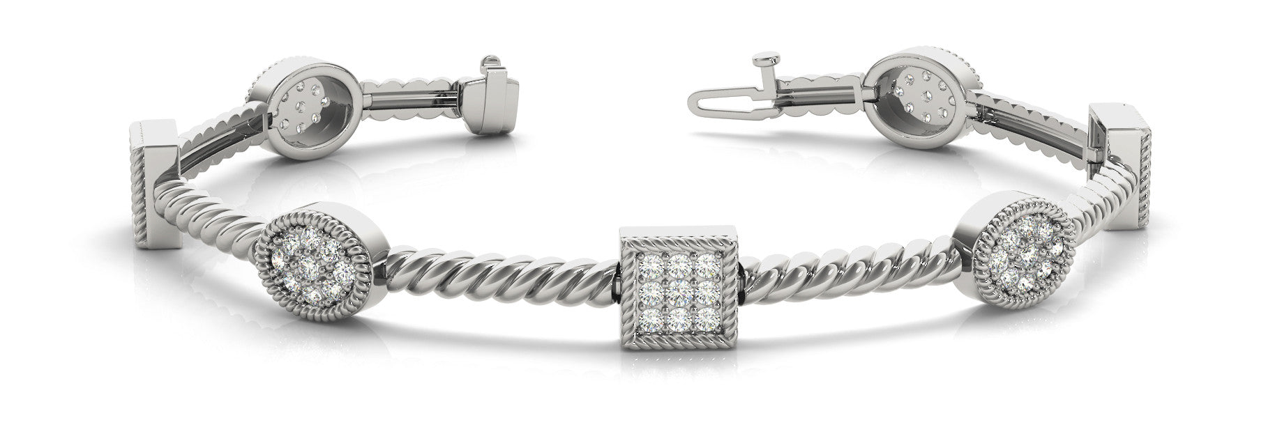 White gold Pavé Round and Square Diamond Twisted Cable Bracelet