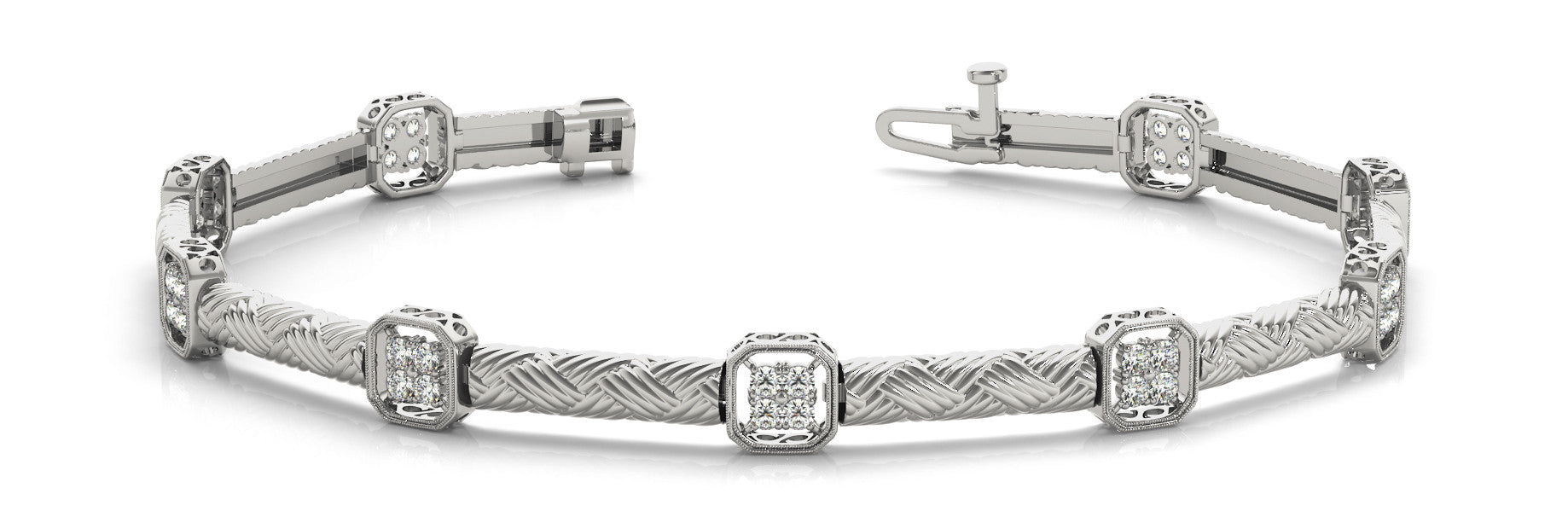 White gold Pavé Square Diamond Cable Bracelet with Bezel Prong Setting
