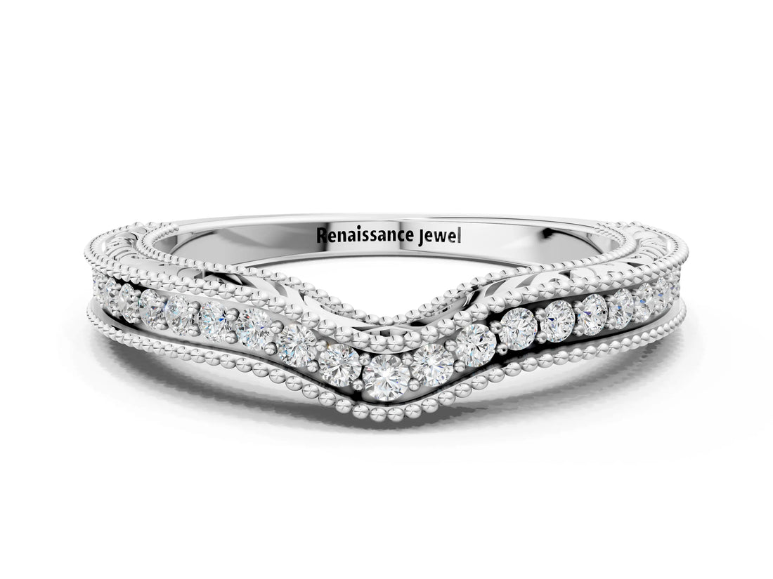 White gold Pave Round Diamond Curved Milgrain Band_12