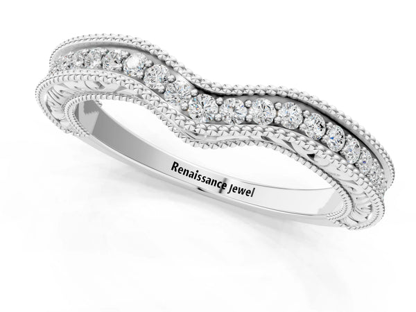 Platinum Pave Round Diamond Curved Milgrain Band