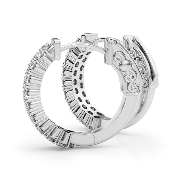 White gold Pave Round Diamond Hoop Earrings with Channel Band and Shared Prong Setting