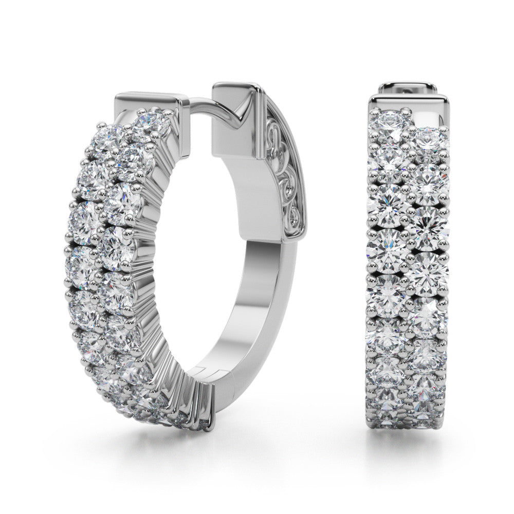 White gold Pave Round Diamond Hoop Earrings with Channel Band and Shared Prong Setting