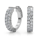 Silver 1.22 Carat E VS Pave Round Diamond Hoop Earrings with Channel Band and Shared Prong Setting