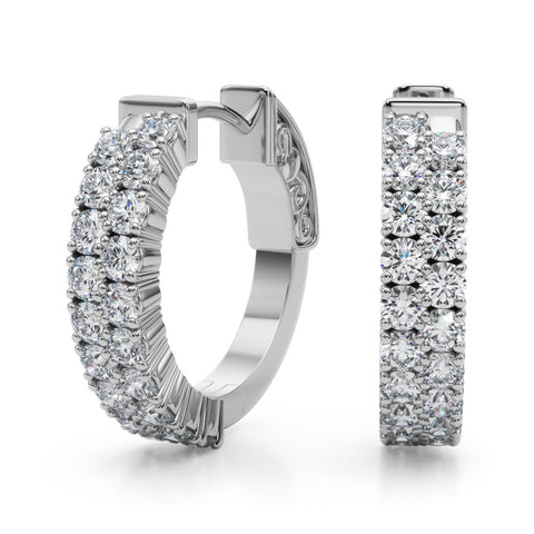 White gold Pave Round Diamond Hoop Earrings with Channel Band and Shared Prong Setting
